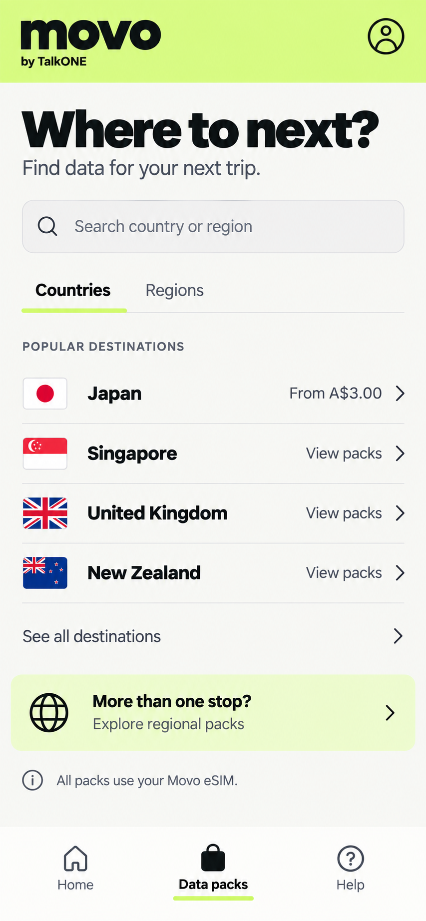 Movo app design showing destination search and country and regional pack options