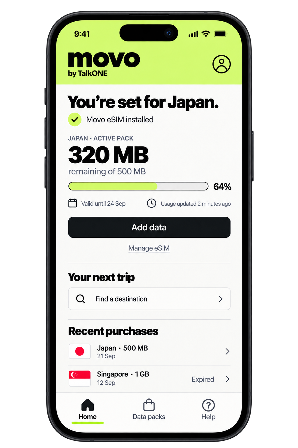 Movo app preview showing a reusable eSIM, Japan data balance and an Add data button